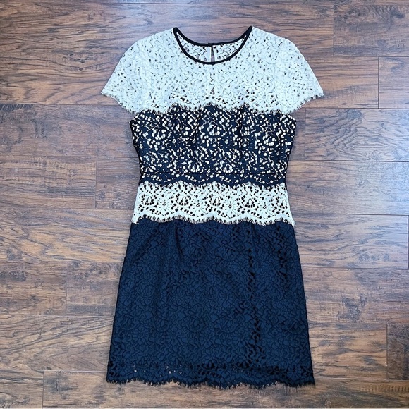 MILLY • Gabrielle Dress color block lace two tone sheath black white cocktail - Picture 4 of 14